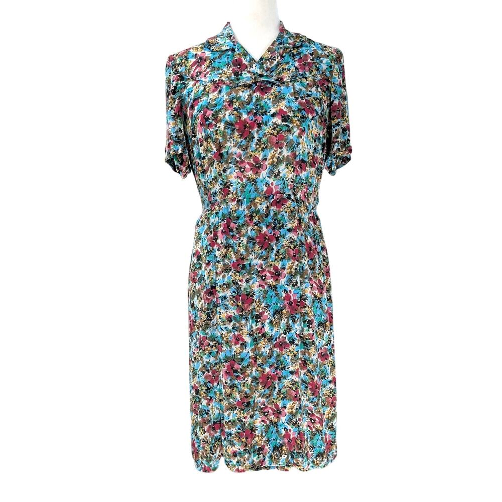 Vintage 1940s Colorful Floral Pattern Blue Pink Snap Button Collar Dress S/M